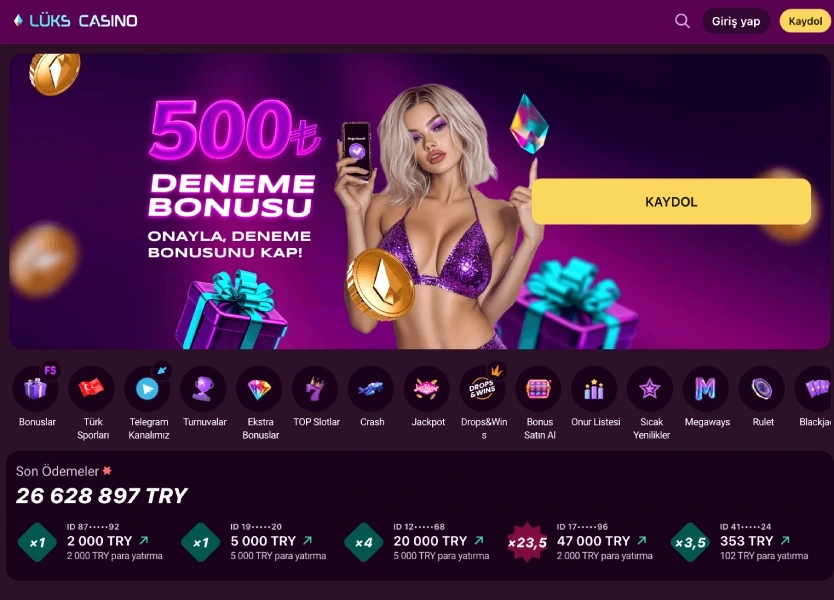Pink and purple Casino Luks homepage banner reading 500 TRY Deneme Bonusu next to a Register button