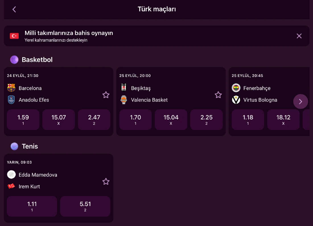 Casino Luks live betting screen showing odds for a Beşiktaş and a Fenerbahçe basketball match